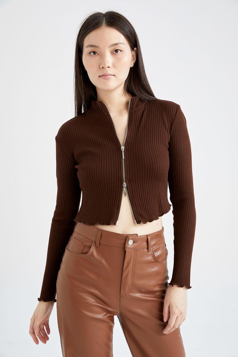 Woman - Mock Neck Long Sleeve Fitted Knitted Cardigan-Brown