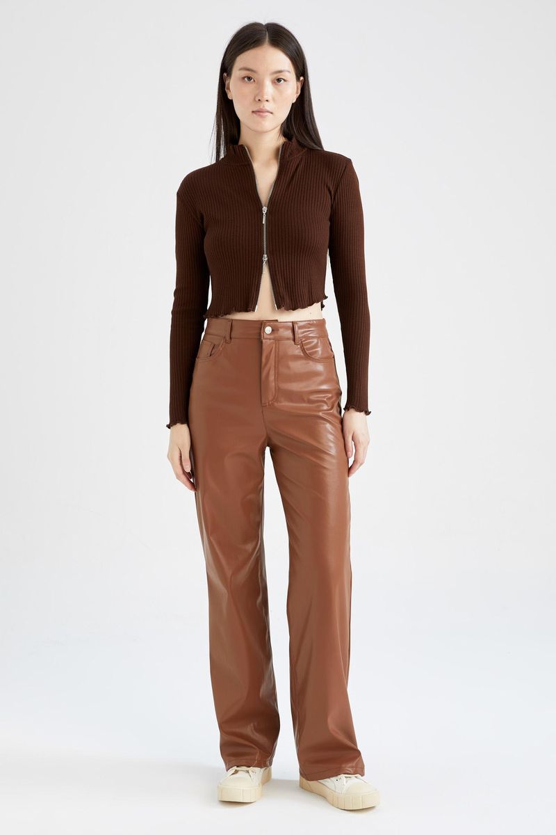Woman - Mock Neck Long Sleeve Fitted Knitted Cardigan-Brown