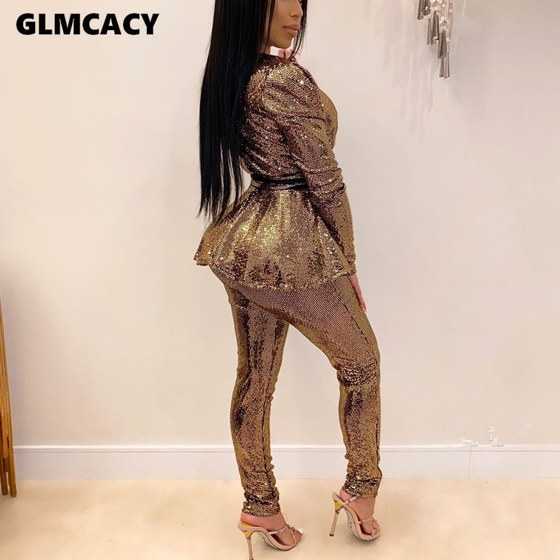 Women Plus Size Office Ladies Sequined Autumn 2 Two Piece Set Top And Pants Elegant Female Casual Business Suits（#Gold）