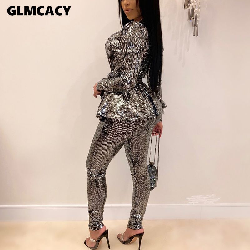 Women Plus Size Office Ladies Sequined Autumn 2 Two Piece Set Top And Pants Elegant Female Casual Business Suits（#Gold）