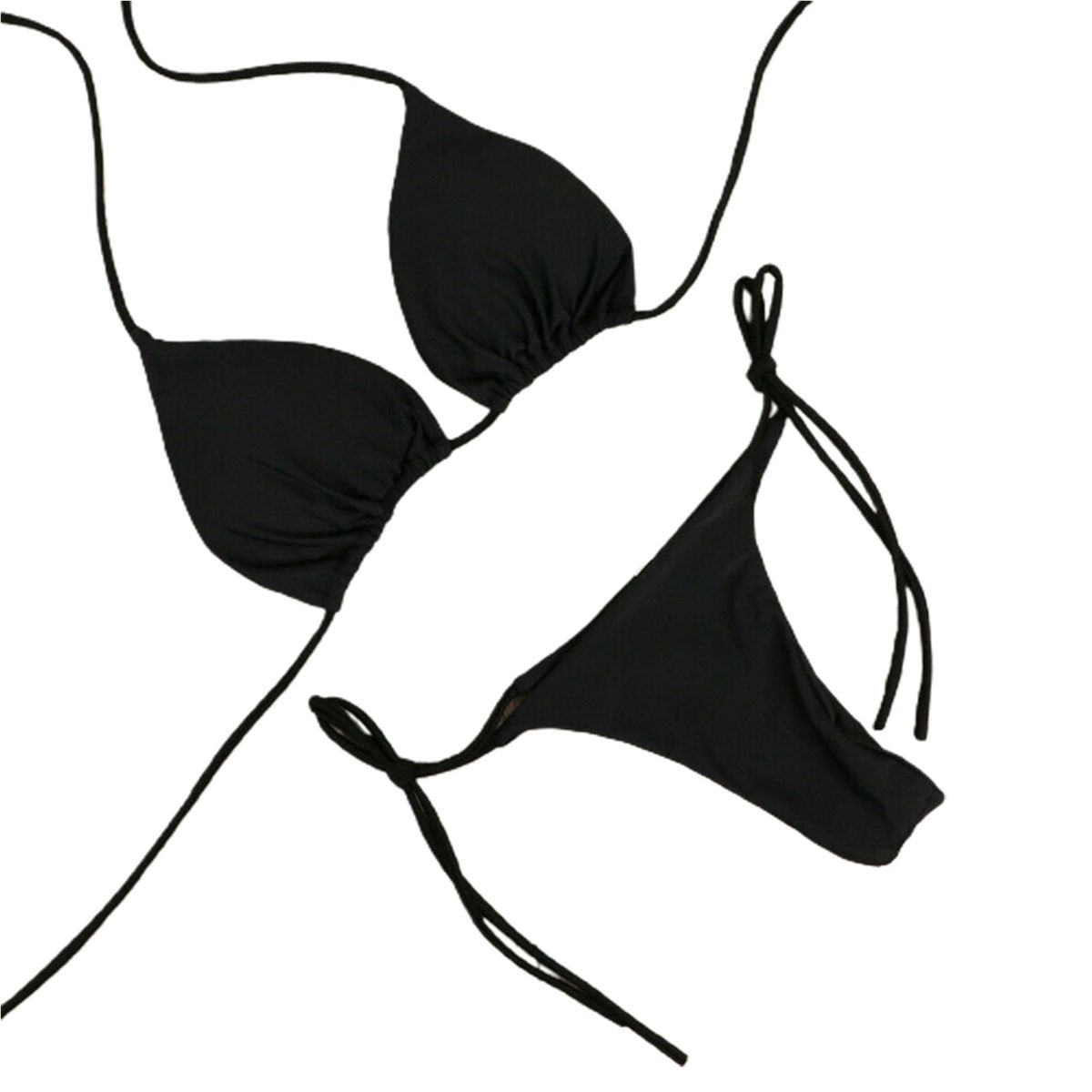 2 Pcs/Set Bikini Set Solid Color Halter Neck Strap Thong Women Swimsuit Set For Beach-Black