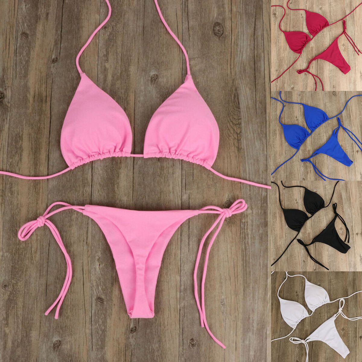 2 Pcs/Set Bikini Set Solid Color Halter Neck Strap Thong Women Swimsuit Set For Beach-Black