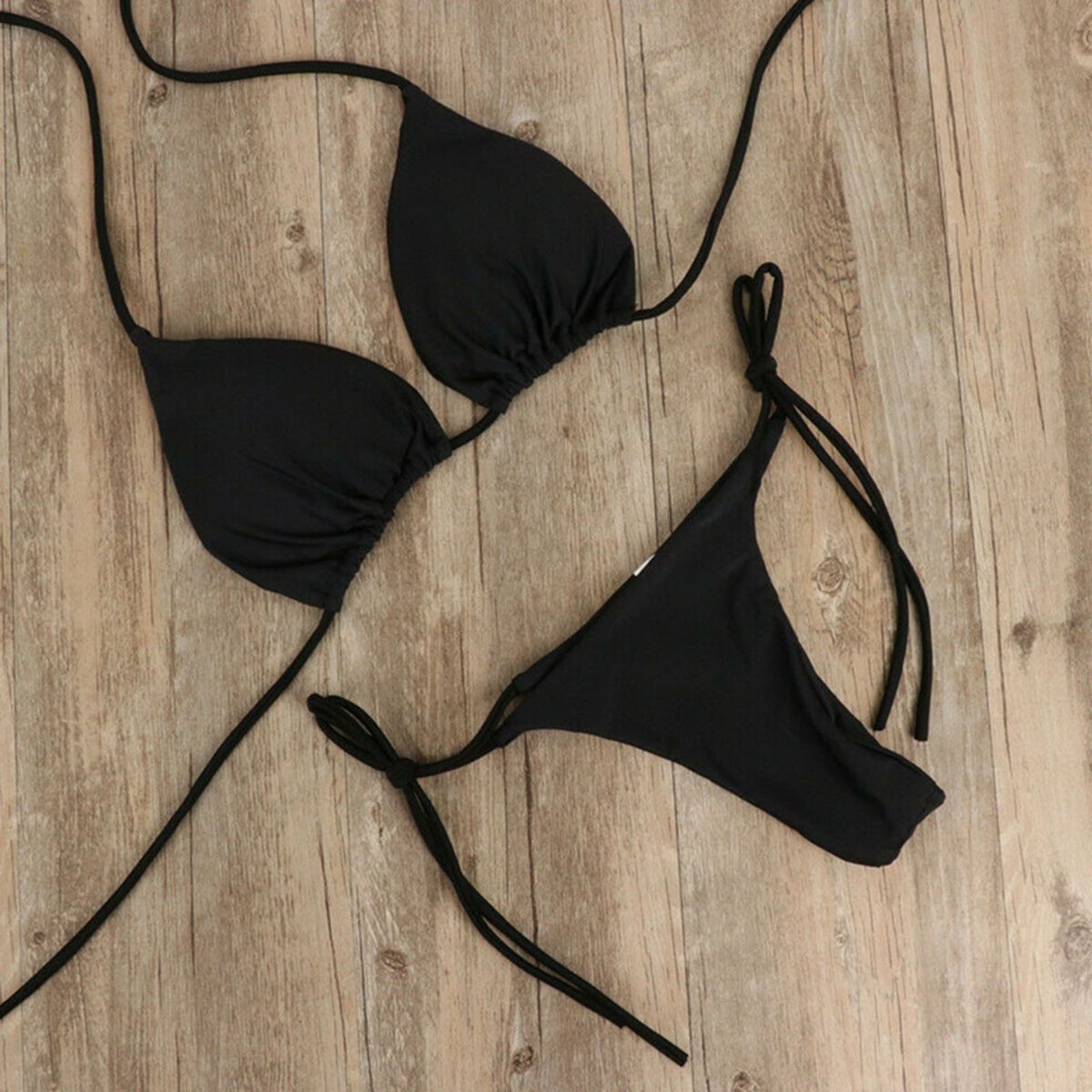 2 Pcs/Set Bikini Set Solid Color Halter Neck Strap Thong Women Swimsuit Set For Beach-Black
