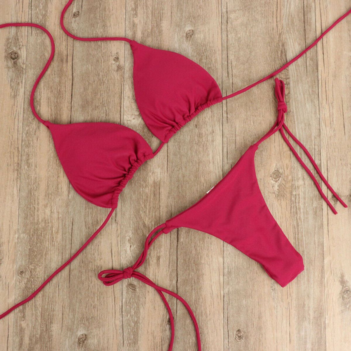 2 Pcs/Set Bikini Set Solid Color Halter Neck Strap Thong Women Swimsuit Set For Beach-Black