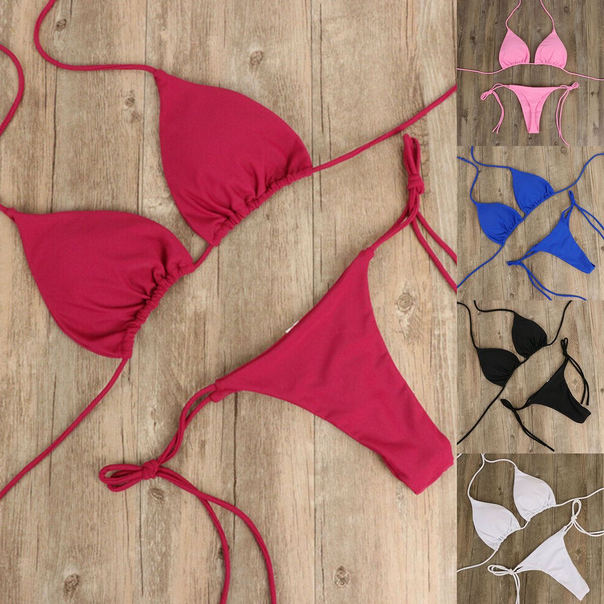 2 Pcs/Set Bikini Set Solid Color Halter Neck Strap Thong Women Swimsuit Set For Beach-Black
