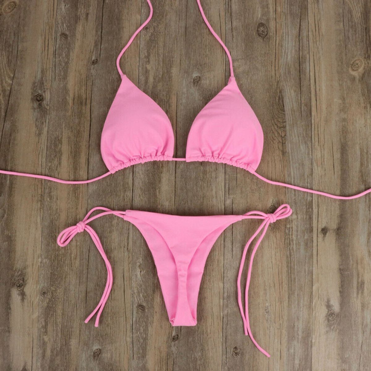 2 Pcs/Set Bikini Set Solid Color Halter Neck Strap Thong Women Swimsuit Set For Beach-Black