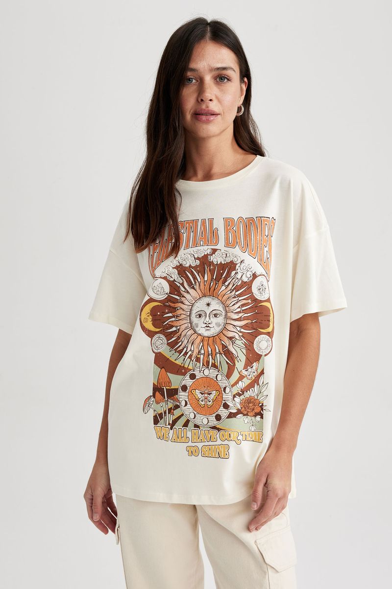 Woman Young Oversize Fit Crew Neck Knitted Short Sleeve T-Shirt - Ecru