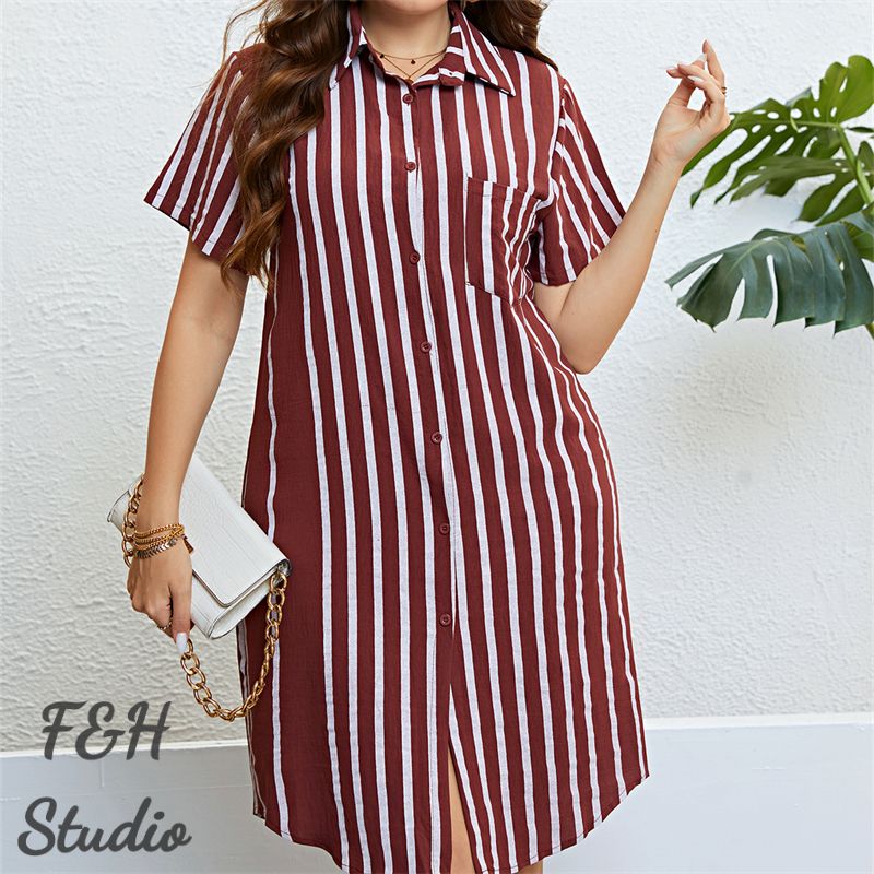F&H 3326 XL-3XL Women Trendy Plus Size Loose Striped Shirt Dress Red