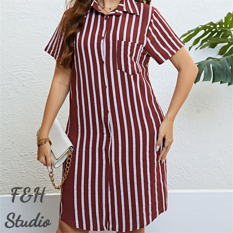 F&H 3326 XL-3XL Women Trendy Plus Size Loose Striped Shirt Dress Red