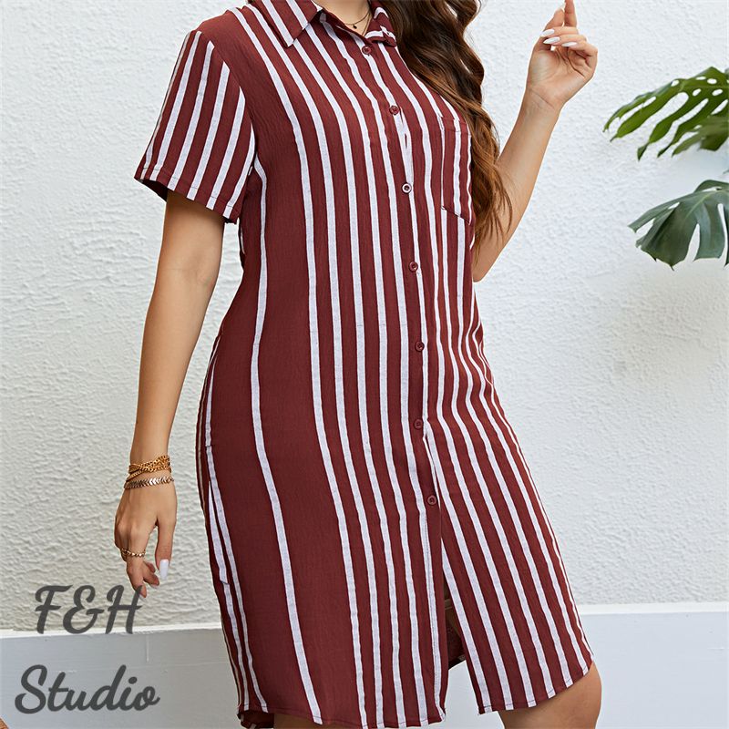 F&H 3326 XL-3XL Women Trendy Plus Size Loose Striped Shirt Dress Red