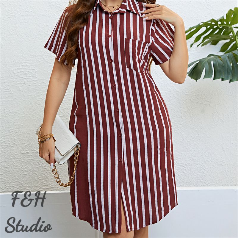 F&H 3326 XL-3XL Women Trendy Plus Size Loose Striped Shirt Dress Red