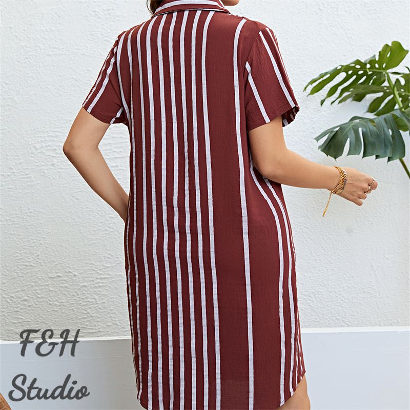F&H 3326 XL-3XL Women Trendy Plus Size Loose Striped Shirt Dress Red