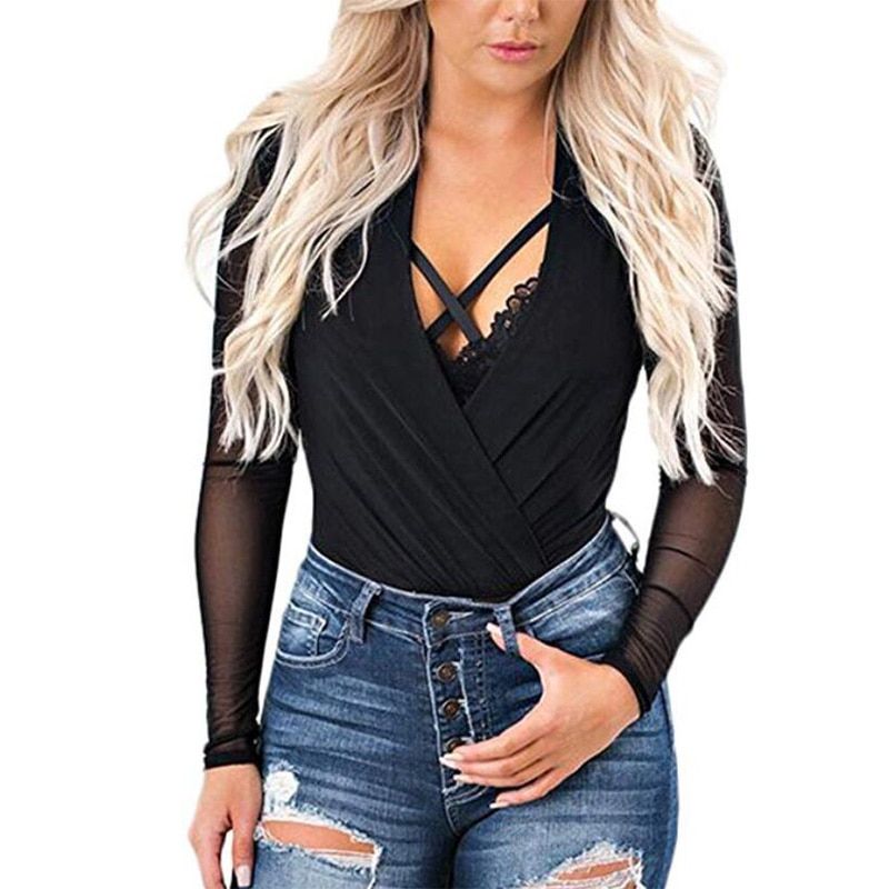 Sexy Black Mesh Deep V Bodysuit Women Plsize Sheer Skinny Long Sleeve Bodysuits Body Jumpsuit Femme Rompe S-XXL(#Black 2)