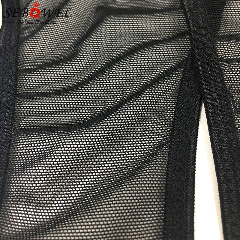 Sexy Black Mesh Deep V Bodysuit Women Plsize Sheer Skinny Long Sleeve Bodysuits Body Jumpsuit Femme Rompe S-XXL(#Black 2)