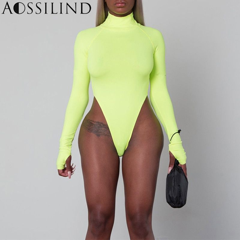 Autumn Fluorescent Green Turtleneck Long Sleeve Bodysuit Women Winter Bodycon Rompers Skinny Bodysuits(#Orange)