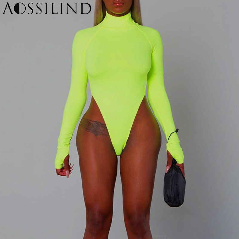 Autumn Fluorescent Green Turtleneck Long Sleeve Bodysuit Women Winter Bodycon Rompers Skinny Bodysuits(#Orange)