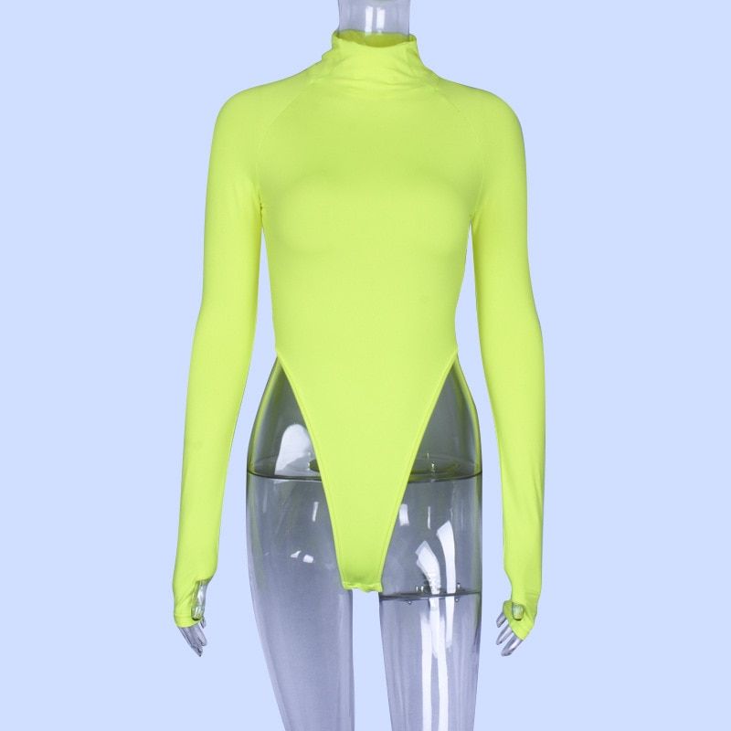 Autumn Fluorescent Green Turtleneck Long Sleeve Bodysuit Women Winter Bodycon Rompers Skinny Bodysuits(#Orange)