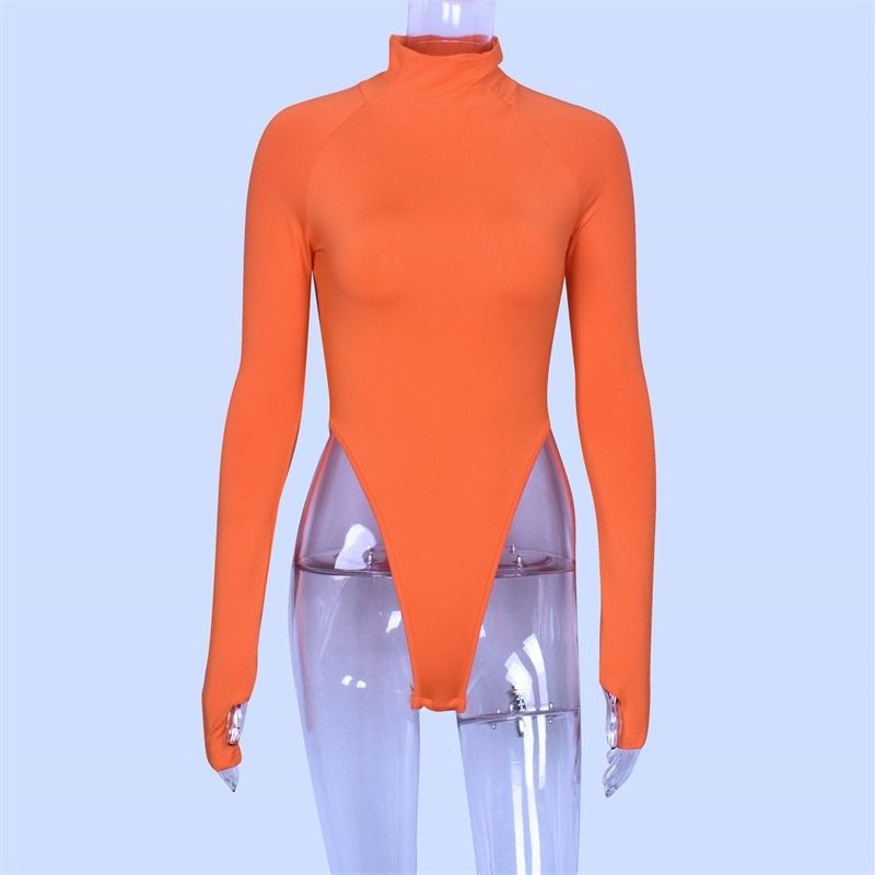 Autumn Fluorescent Green Turtleneck Long Sleeve Bodysuit Women Winter Bodycon Rompers Skinny Bodysuits(#Orange)