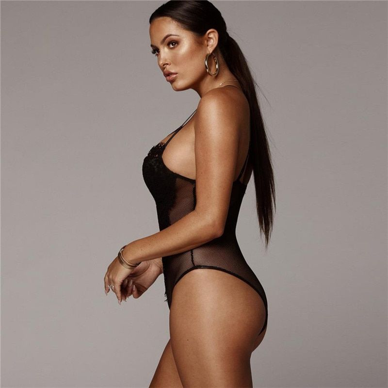 Sexy Black White Lace Mesh Bodysuits Sleeveless Patchwork Sheer Hollow Out Strap Jumpsuit Bodysuit Romper Sleepwear(#Black)