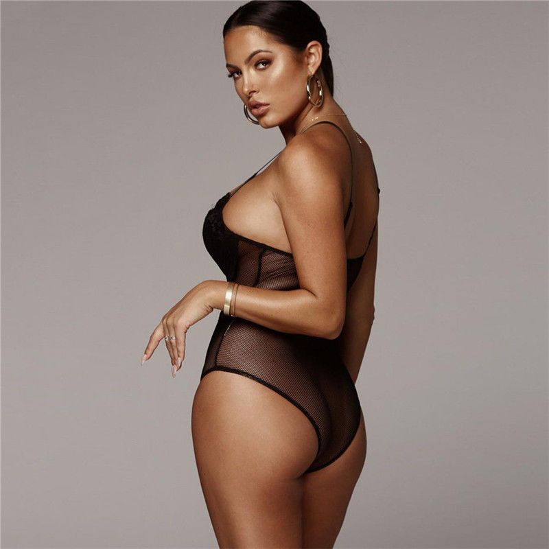 Sexy Black White Lace Mesh Bodysuits Sleeveless Patchwork Sheer Hollow Out Strap Jumpsuit Bodysuit Romper Sleepwear(#Black)