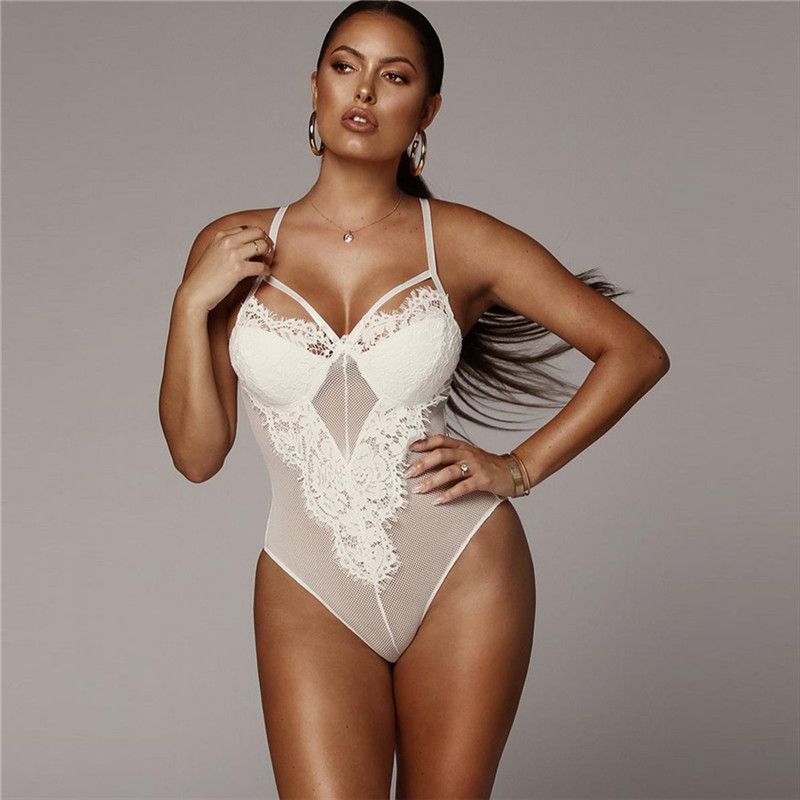 Sexy Black White Lace Mesh Bodysuits Sleeveless Patchwork Sheer Hollow Out Strap Jumpsuit Bodysuit Romper Sleepwear(#Black)