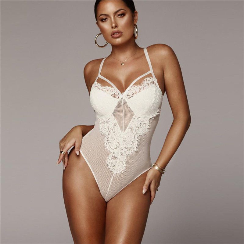 Sexy Black White Lace Mesh Bodysuits Sleeveless Patchwork Sheer Hollow Out Strap Jumpsuit Bodysuit Romper Sleepwear(#Black)