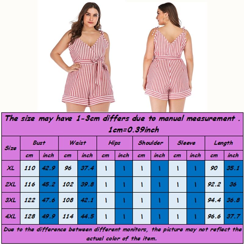 1058 XL-4XL Striped Sleeveless Overall Big Size Playsuit Women Romper Red