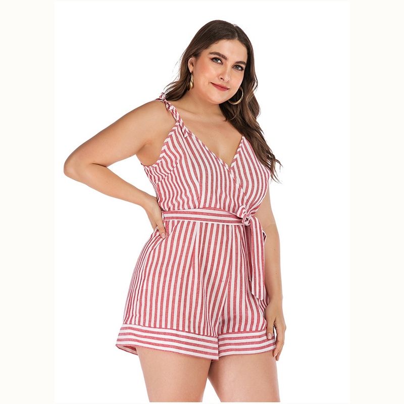 1058 XL-4XL Striped Sleeveless Overall Big Size Playsuit Women Romper Red