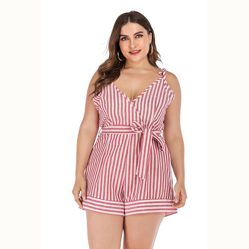 1058 XL-4XL Striped Sleeveless Overall Big Size Playsuit Women Romper Red