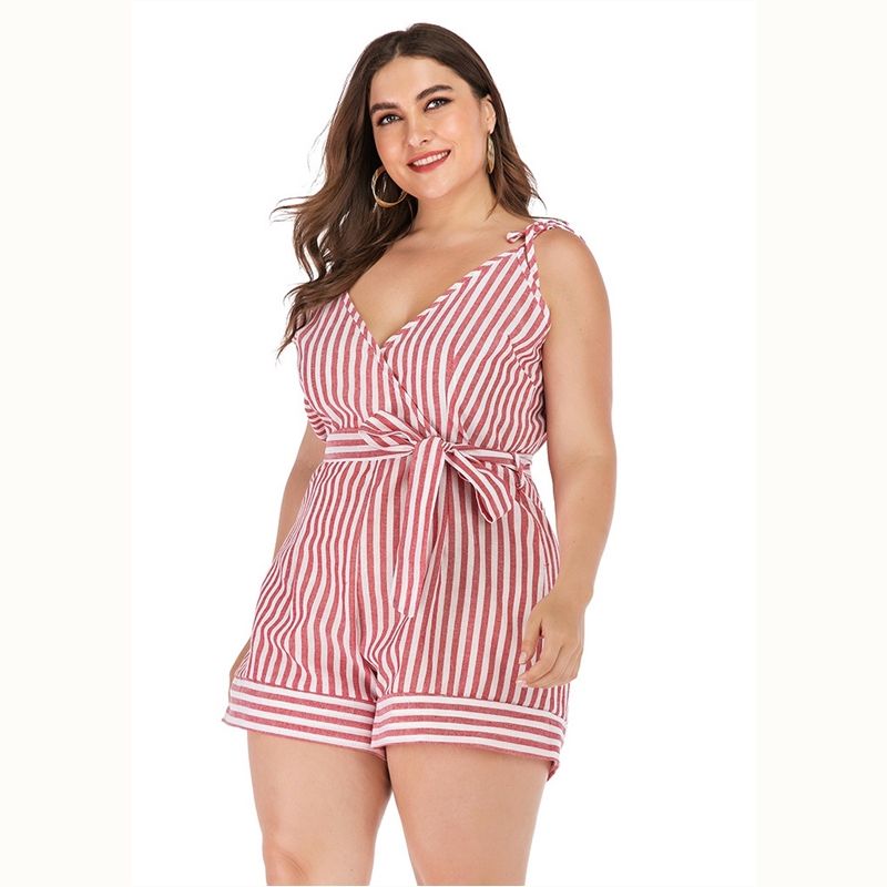 1058 XL-4XL Striped Sleeveless Overall Big Size Playsuit Women Romper Red