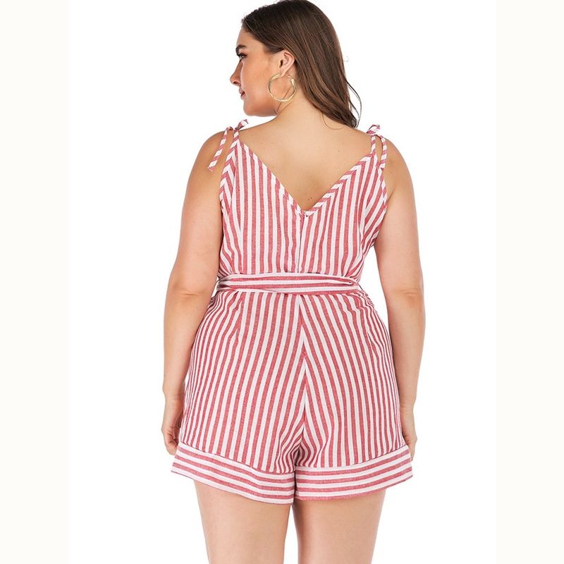 1058 XL-4XL Striped Sleeveless Overall Big Size Playsuit Women Romper Red