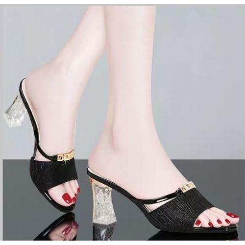 Ladies Fashion Slippers With Thick Heels - Black