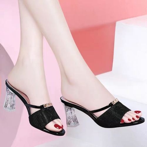 Ladies Fashion Slippers With Thick Heels - Black