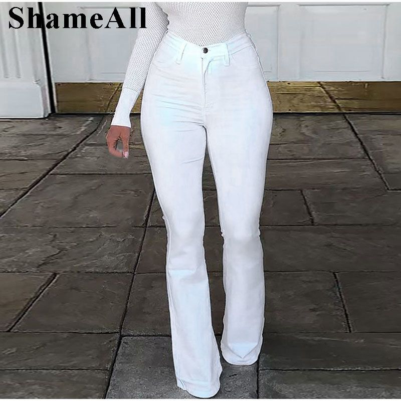 (White)Plus Size High Waist Stretchy Skinny White Bell Bottoms Jeans 4XL Distressed Bodycon Pencil Denim Pants Lady Indie Trousers Jean SAB