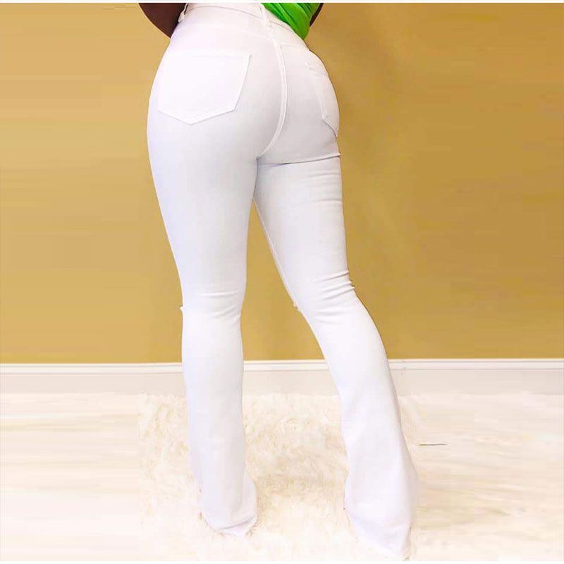 (White)Plus Size High Waist Stretchy Skinny White Bell Bottoms Jeans 4XL Distressed Bodycon Pencil Denim Pants Lady Indie Trousers Jean SAB