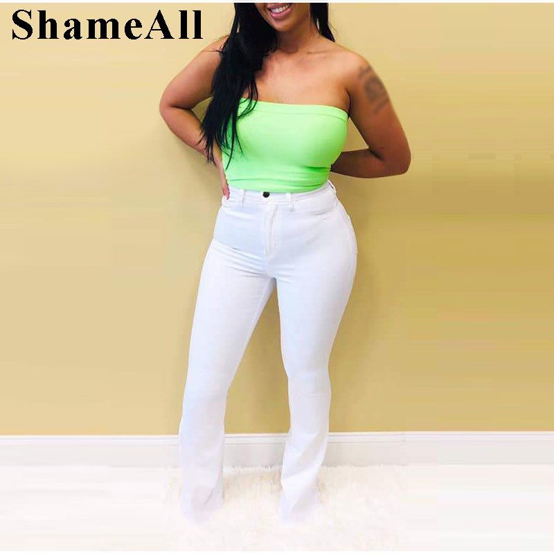 (White)Plus Size High Waist Stretchy Skinny White Bell Bottoms Jeans 4XL Distressed Bodycon Pencil Denim Pants Lady Indie Trousers Jean SAB