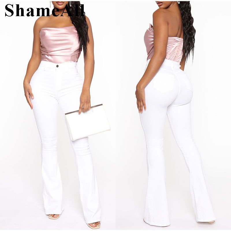 (White)Plus Size High Waist Stretchy Skinny White Bell Bottoms Jeans 4XL Distressed Bodycon Pencil Denim Pants Lady Indie Trousers Jean SAB
