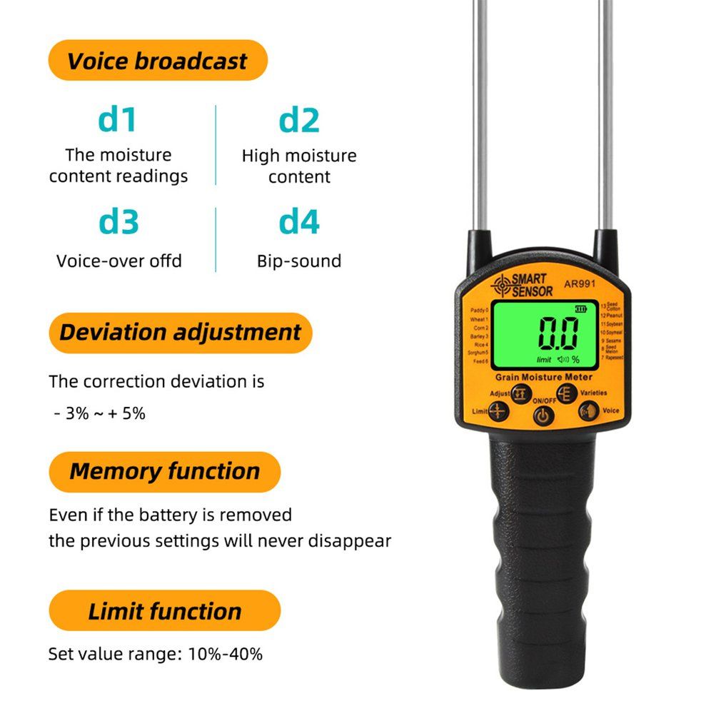 2022 Digital Moisture Meter Cereal Moisture Meter AR991 Smart Sensor For Use In Corn Wheat Rice Grains Wheat Flour Monkfish Seed