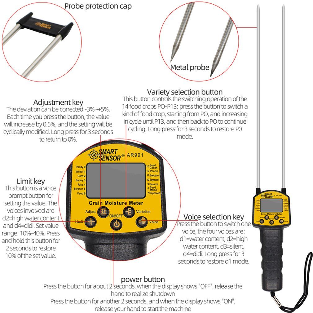 2022 Digital Moisture Meter Cereal Moisture Meter AR991 Smart Sensor For Use In Corn Wheat Rice Grains Wheat Flour Monkfish Seed