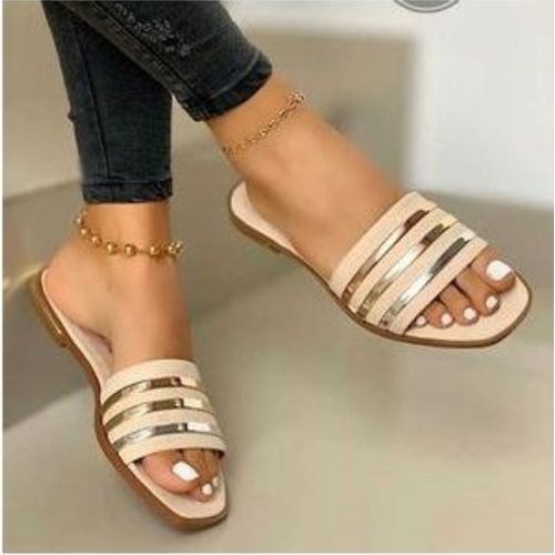 Prettie Peeps Ladies Flat Slippers (light Gold)