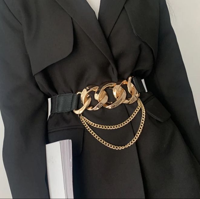 Luxury Brand Gold Chain Belt Elastic Black