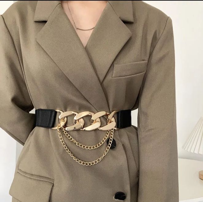 Luxury Brand Gold Chain Belt Elastic Black
