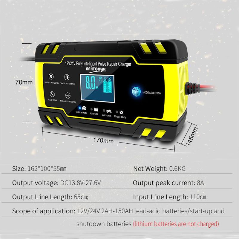 12V-24V 8A Full Automatic Car Battery Charger Power Pulse Repair Chargers Digital LCD Display
