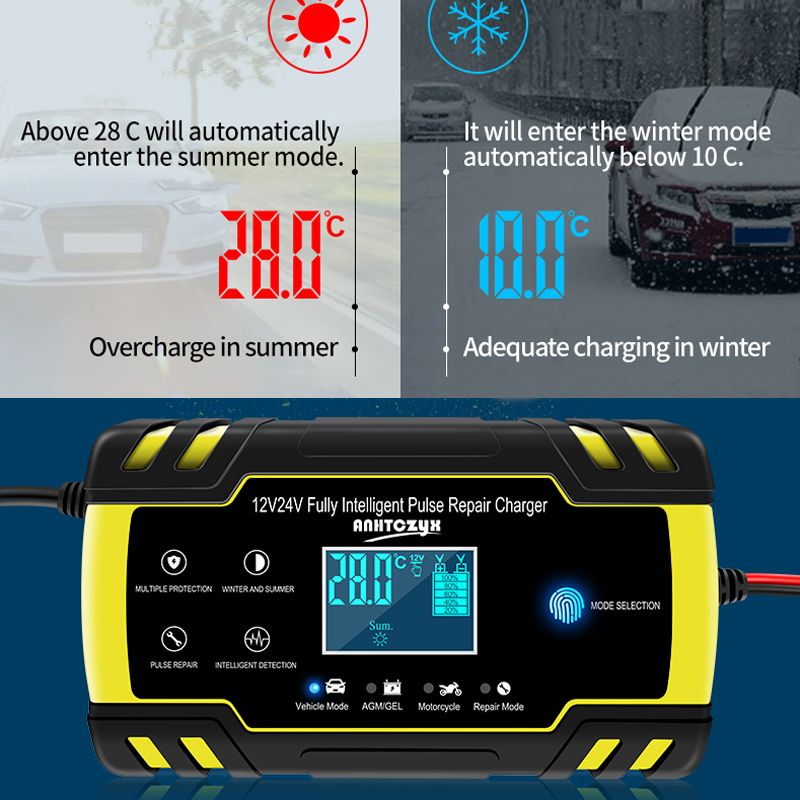 12V-24V 8A Full Automatic Car Battery Charger Power Pulse Repair Chargers Digital LCD Display