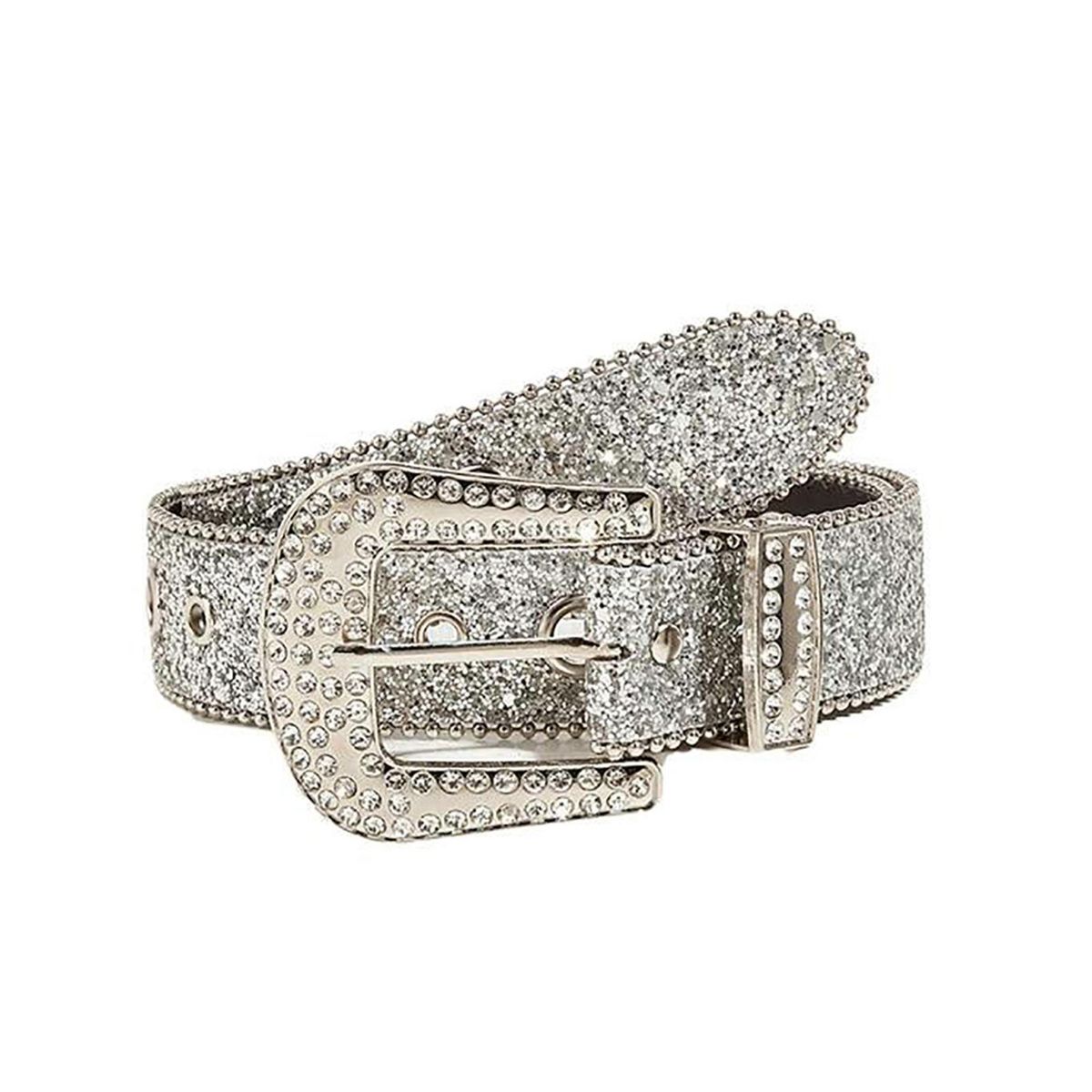 Jeans Belt Glitter Rhinestone Sequins Lady Waistband Silver