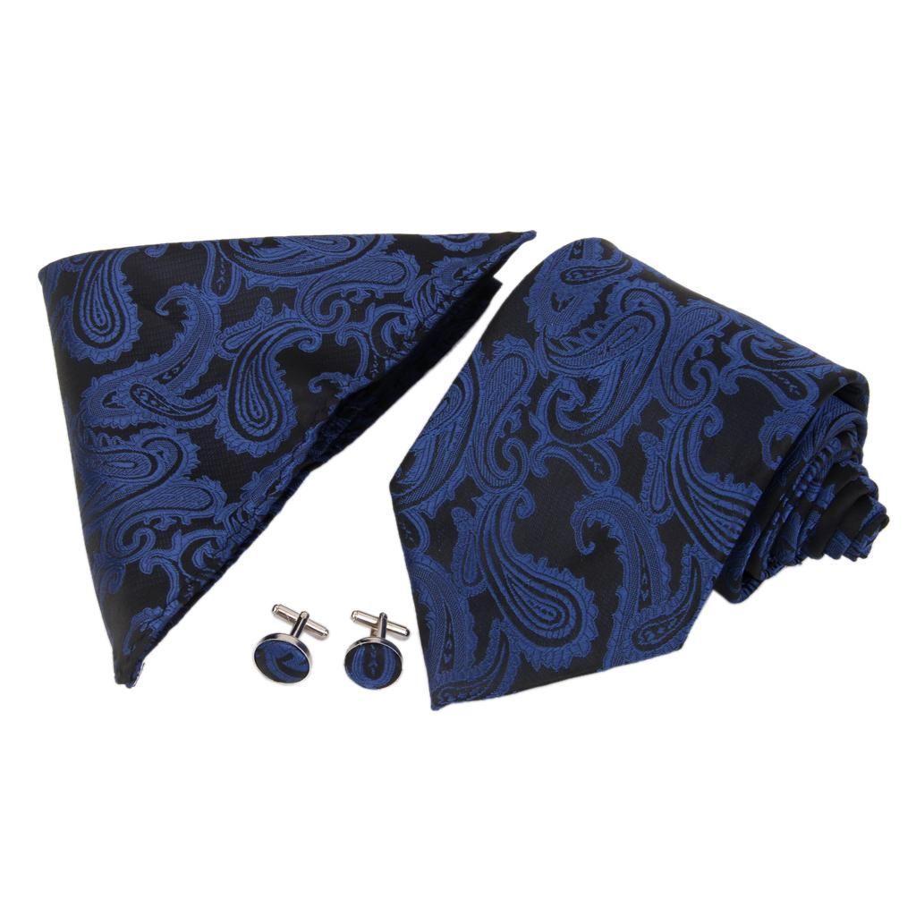 Mens  Jacquard Tie Hanky Cufflink Set Wedding Evening Party Dark Blue