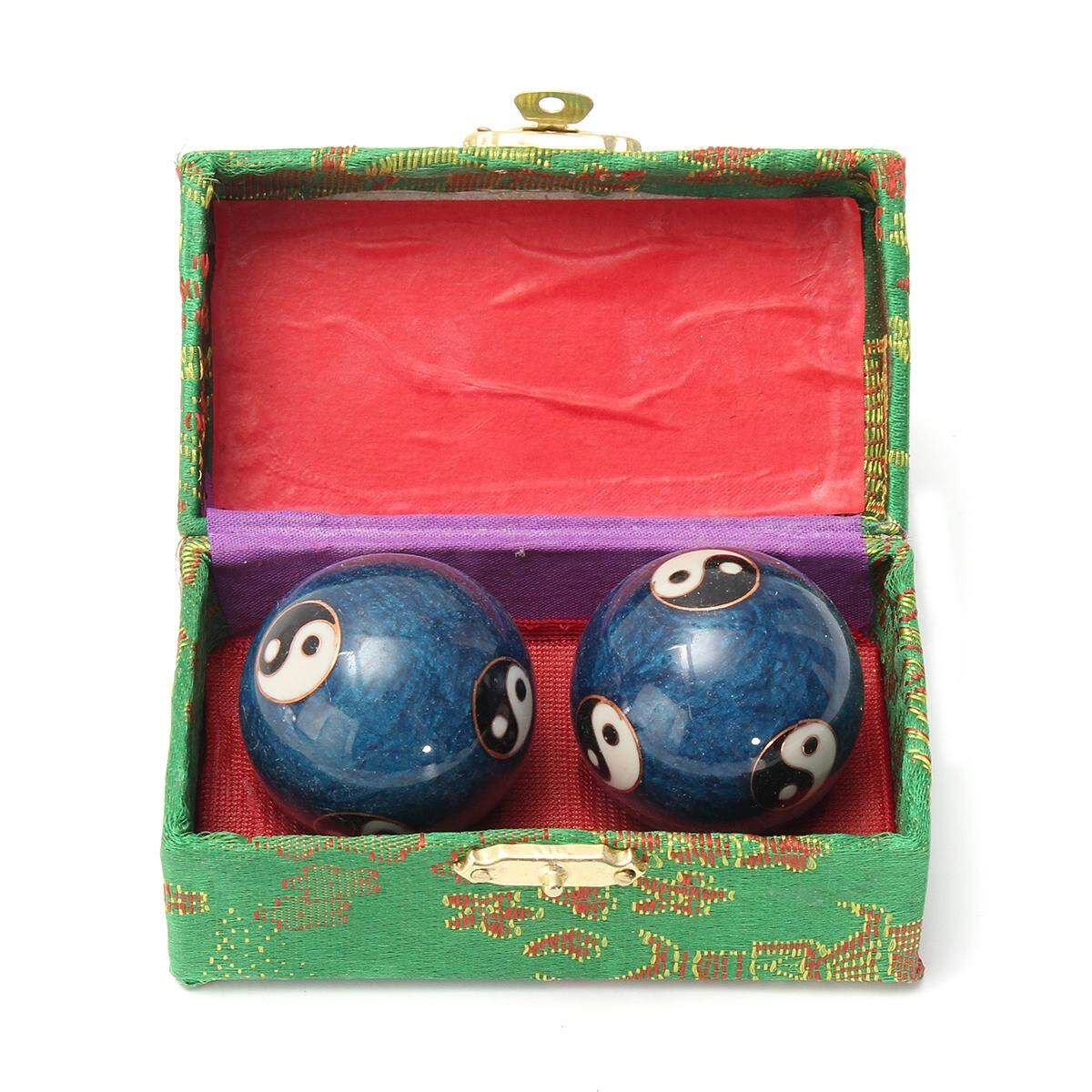 Chinese Health Exercise Stress BAODING Balls Relax YIN YANG Blue 42mm + Case