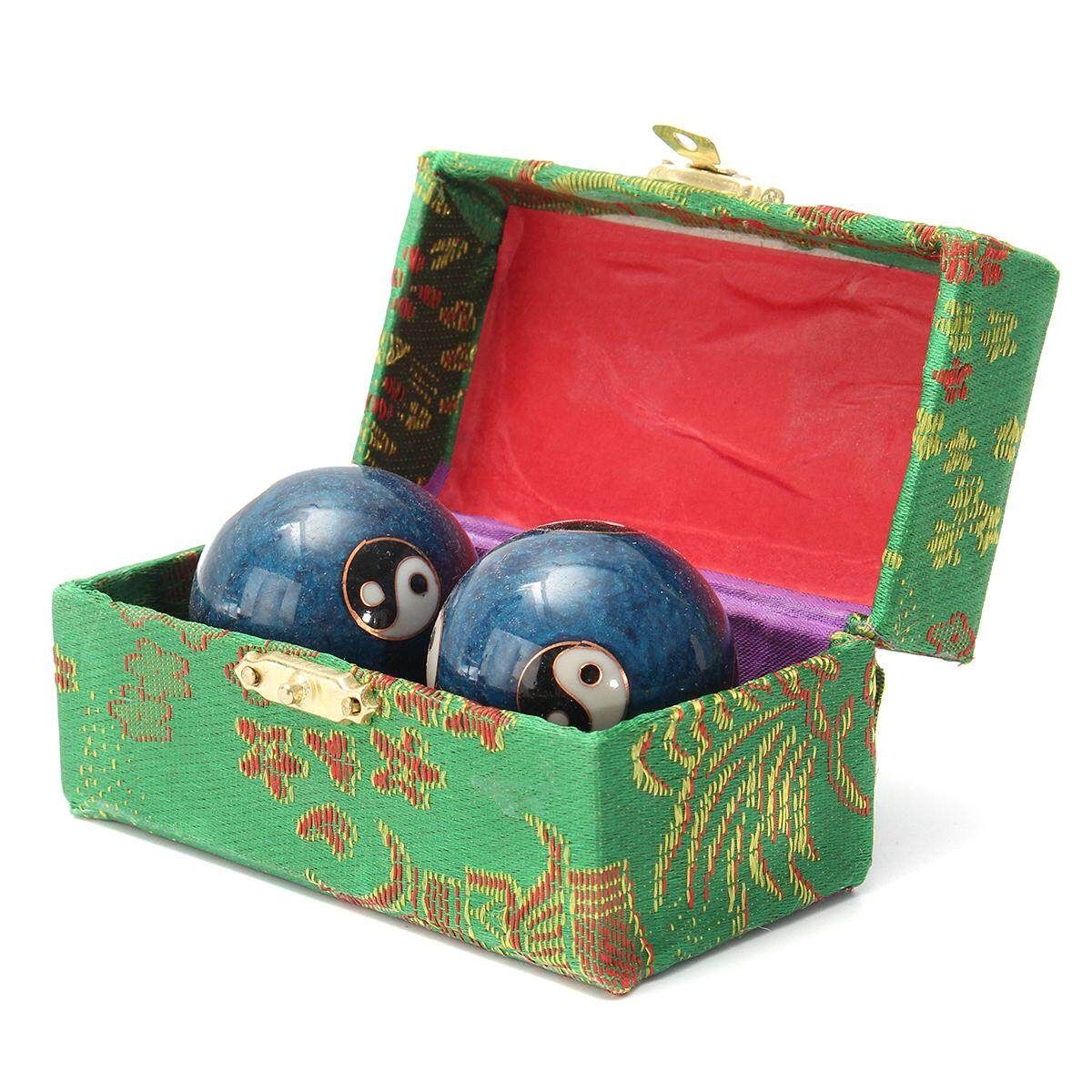 Chinese Health Exercise Stress BAODING Balls Relax YIN YANG Blue 42mm + Case