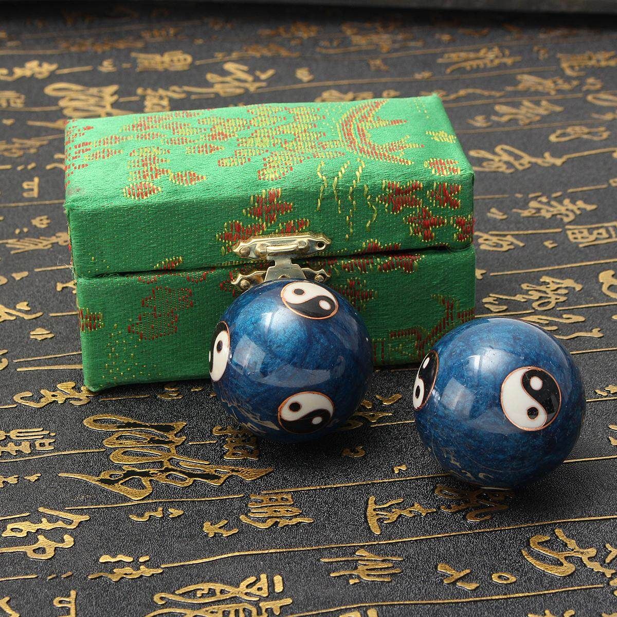 Chinese Health Exercise Stress BAODING Balls Relax YIN YANG Blue 42mm + Case
