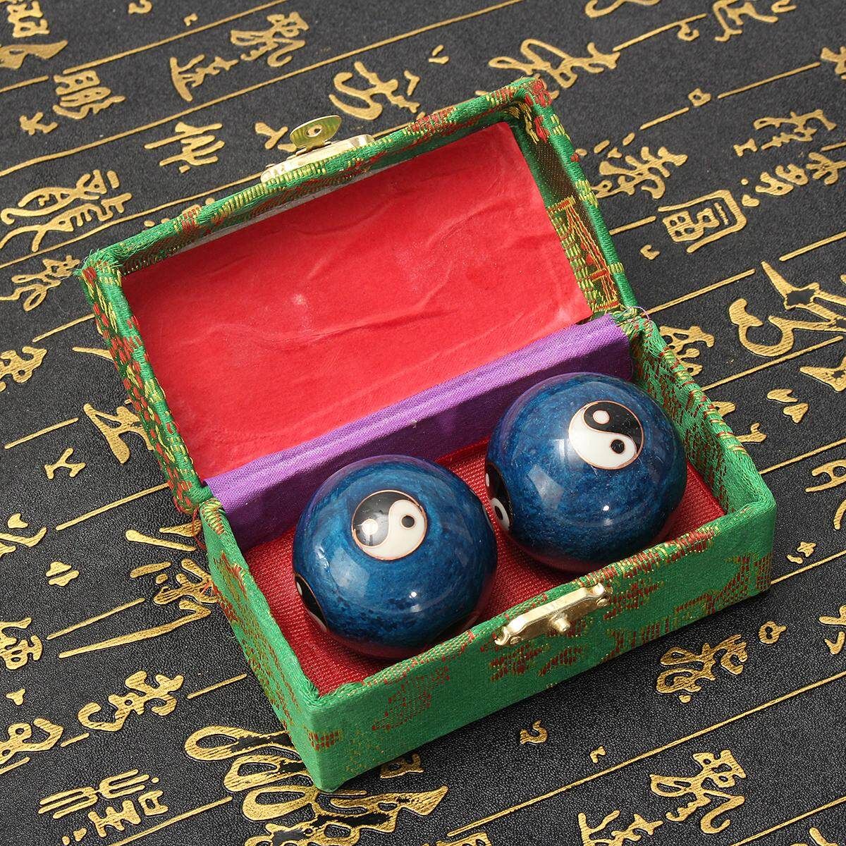 Chinese Health Exercise Stress BAODING Balls Relax YIN YANG Blue 42mm + Case